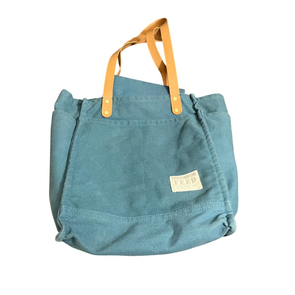 FEED Projects Canvas Tote Bag Womens OS Teal Blue Leather Trim Pocket Shopper